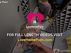 Blonde Girlfriend with Glasses and Lipstick Gives Blowjob and Cumshot in Shop Changing Booth