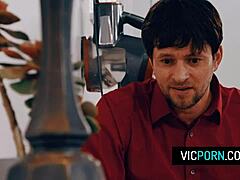 hot brunette milf preston parker got stuck under the table with no panties takes some rough doggystyle fucking on desk