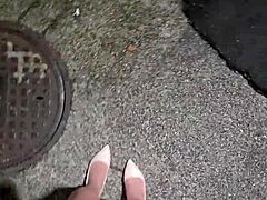 Shemale Ting Xuan Walks Outside to Pee Then Masturbates and Cums on Her Thigh