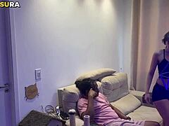 This skinny blonde teen with short hair and small tits got caught by her brother giving it to a guy with thick black cock. Then he joined in and fucked her tight pussy too since no one was home.