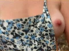 wife runs in public outdoor flashing sideboob with big tits on a daring exhibitionist adventure.