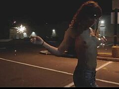 Brunette girlfriend goes topless outdoors in public party with honey gold and dakota marr flashing natural tits