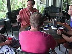 I watch this group of blonde and brunette housewives with big natural tits get licked and fucked in a wild orgy until they orgasm and swallow cum.