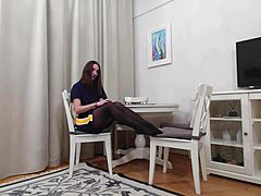 Oh Wow, Watch Evelyn Tease In Black And Tan Pantyhose!