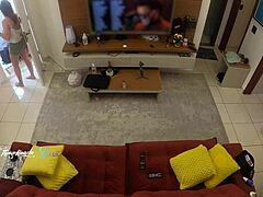 hot wife thay ksada lets delivery man suck her big natural tits on sofa