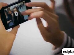 Brunette babe fingers shaved pussy intensely with loud moans