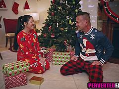 Stepdad hints at special Christmas lingerie blowjob from brunette teen
