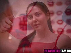 Stepdad hints at special Christmas lingerie blowjob from brunette teen