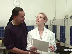 Petite skinny German teen virgin gets first fuck from boss at job with big cock blowjob and cumshot