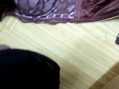 Explosive cumshot covers step sister's pink leopard print bra and black lingerie.