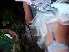 this lucky guy starts with tinkerbell and cinderella in lingerie costumes for outdoor group blowjob handjob. then he rides them doggystyle to facial cumshots.
