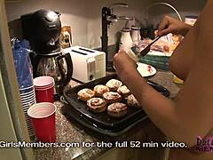 Cook naked with Raquel's big natural tits bouncing in kitchen now!