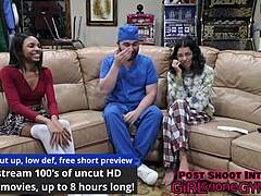 Solana went through her first gyno exam with close-up fingering and shaved pussy spreading.