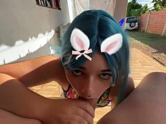 bulma sucks off vegeto's fat cock in cute bunny cosplay