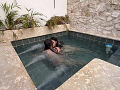 Two hot Colombian lesbians finger and masturbate in public pool. They worry about getting caught outdoors.