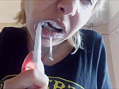 brushing your teeth is important and chantal loves filling her mouth with toothpaste