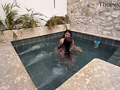 Two hot Colombian lesbians finger and masturbate in public pool. They worry about getting caught outdoors.