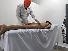 change of plans, doctor was gonna give massage to female patient but she turned out a total whore and quickly set him up for cowgirl riding and blowjob