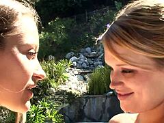 Hot lesbian sluts with long hair and natural tits lick pussy in muff diving during yoga lesson.