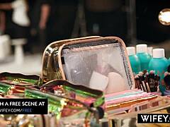 Wifey cock hungry blonde hotwife Sadie Rose got oiled up and rode hubby in lingerie. Then she took creampie in missionary while he watched.