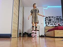 high heels fashion show with blonde feet in socks 😏