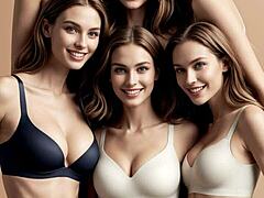 AI creates cute barefoot models posing in lingerie and panties for a new catalog collection with varied styles and settings.