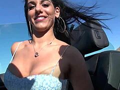 Road trip to Las Vegas turns wild with brunette babe flashing fake tits and riding cowgirl outdoors. 😈🚗