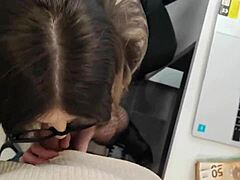 In the office, this busty boss gives an intense pov blowjob, her big tits bouncing wildly