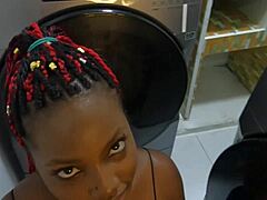 Latina girl washing laundry invites guy into home to clean his cock with deepthroat swallow.