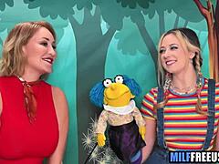 Blonde milf and teen get deepthroat face fucking in ffm group on Sesame Street set