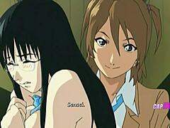 Busty teacher faces naughty destruction from her eager students in this anime scene.