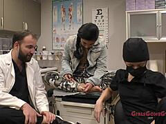 Brunette Latina Jasmine Rose spreads shaved pussy and small tits in backstage skirt and heels fetish