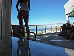 Having fun on public terrace with petite skinny slut flashing and riding in doggystyle