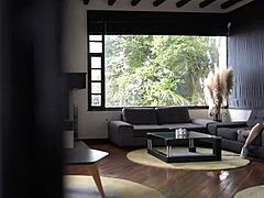 Wild latina maid in lingerie fucks man and woman threesome