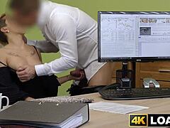 Busty Short Haired Babe Bounces on Loan Agent Dick Wildly in Office