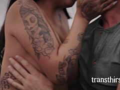 french tranny with piercings and tan skin licks balls before doggystyle bareback with boyfriend's friend