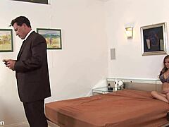 Blonde Honey Blowing Him in Lingerie and Fishnets