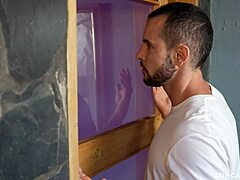 Desperate housewife in lingerie entices muscular guy for wet pussy fucking while husband is away