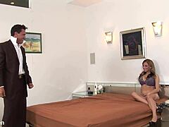 Blonde Honey Blowing Him in Lingerie and Fishnets