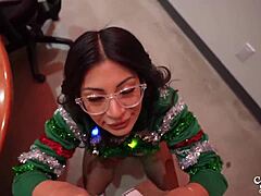Big titty Latina coworker deepthroats monster cock at office Christmas party, then bends over desk for doggystyle pounding and facial cumshot.