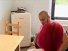 Busty german redhead milf with tattoo and piercing takes anal sex in kitchen.