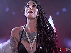 sully savage casually rides the tremor during her interview, showing off petite brunette body in fishnets with small tits masturbation