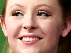 this nasty looker takes multiple cumshots on her face in blowbang bukkake with handjob action and cum swapping pov style