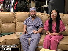 the asian nurse blaire celeste in latex gloves and uniform gets POV blasted with JIZZ during hospital patient scene