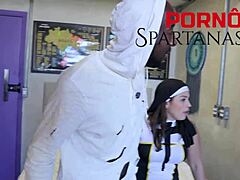 Agatha does deepthroat blowjob and spits during interracial blonde black cock riding with cum in mouth