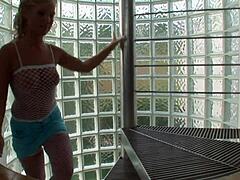 teen kyra banks takes double penetration from two hard cocks in fishnets. blonde gets facial cumshot after gaping anal.