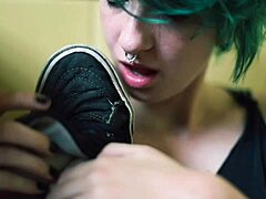 Sexy punk rock foot party with domination and toe sucking in bathroom