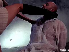 Bound Babe in BDSM Scene Wanks Big Cock to Cumshot Explosion