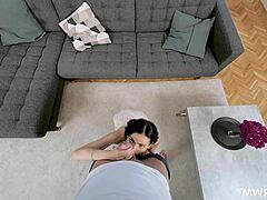 clara mia gives a deepthroat blowjob for money back in pov style