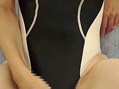 Amateur japanese wife wears competitive swimsuit for homemade bukakke session in intimate asian setting with detailed cum coverage